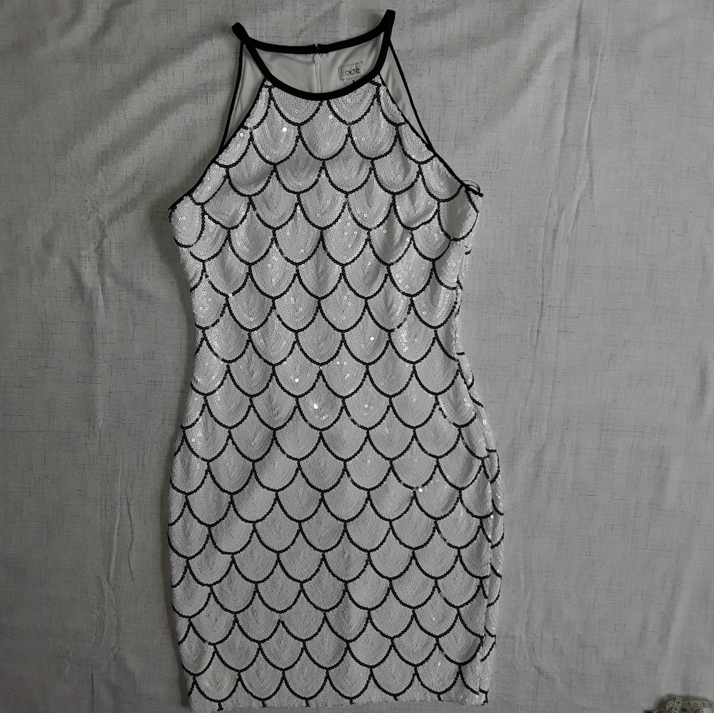 White Sequin Scalloped Cocktail Dress